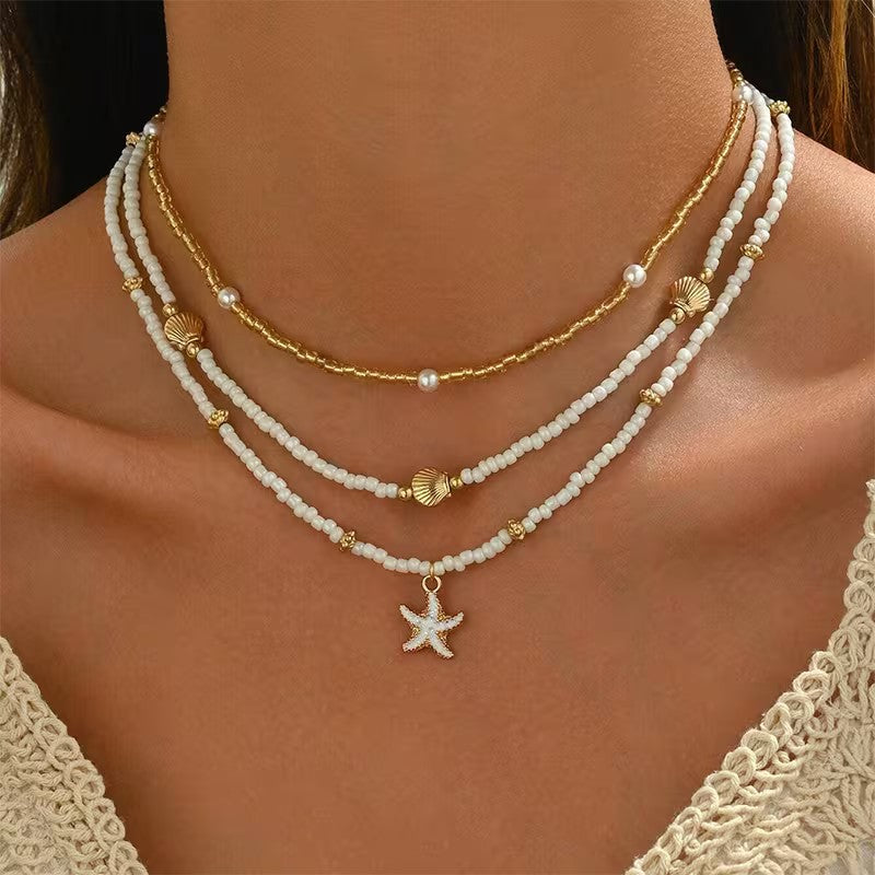Three-piece beaded necklace set with starfish charm – close-up