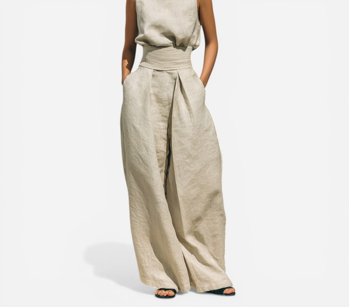 Cotton-linen sleeveless blouse and wide-leg pants set in sand – front