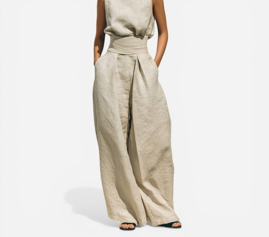 Cotton-linen sleeveless blouse and wide-leg pants set in sand – front
