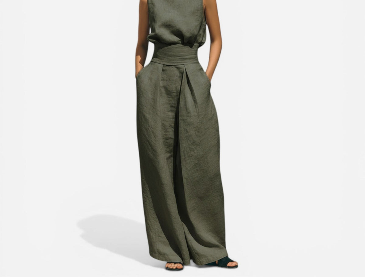 Cotton-linen sleeveless blouse and wide-leg pants set in olive – front