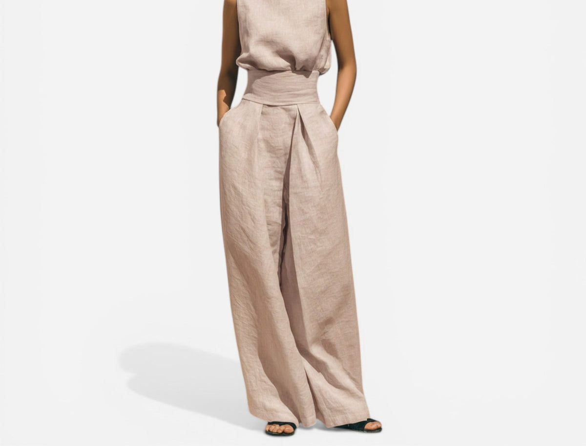 Cotton-linen sleeveless blouse and wide-leg pants set in blush – front