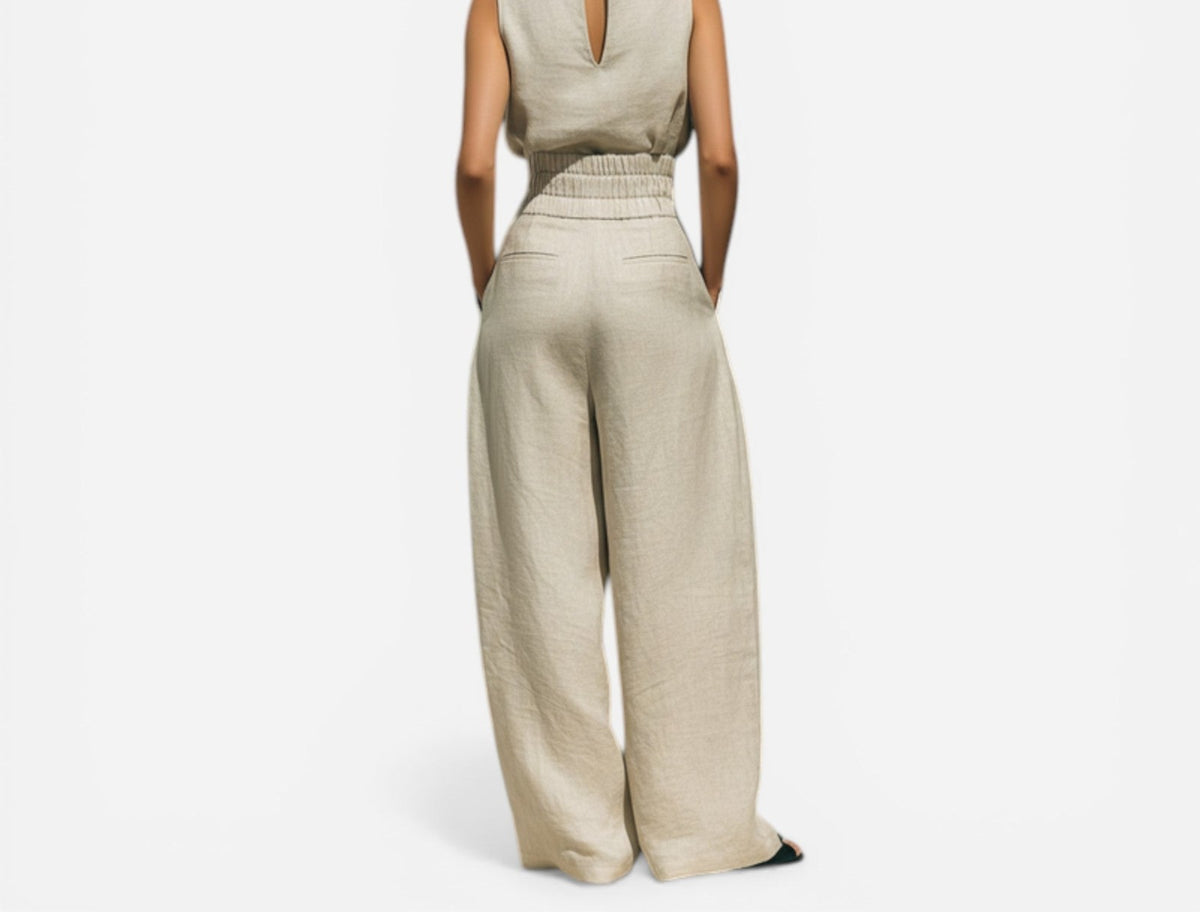 Cotton-linen sleeveless blouse and wide-leg pants set in sand – back