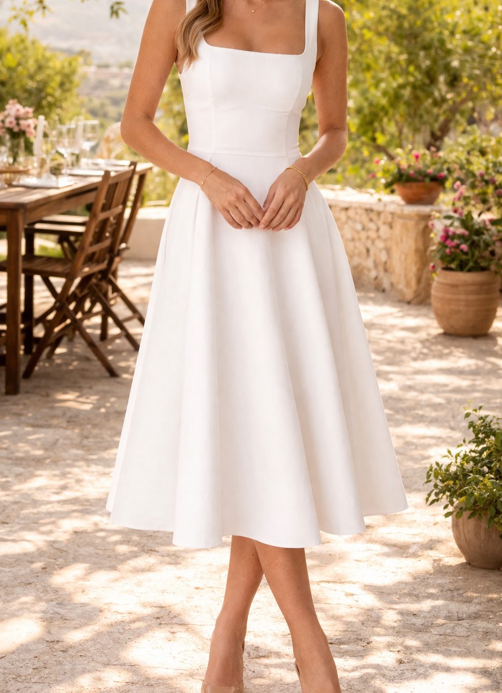Square neck A-line midi dress in white – front