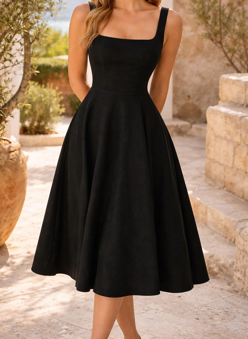 Square neck A-line midi dress in black – front