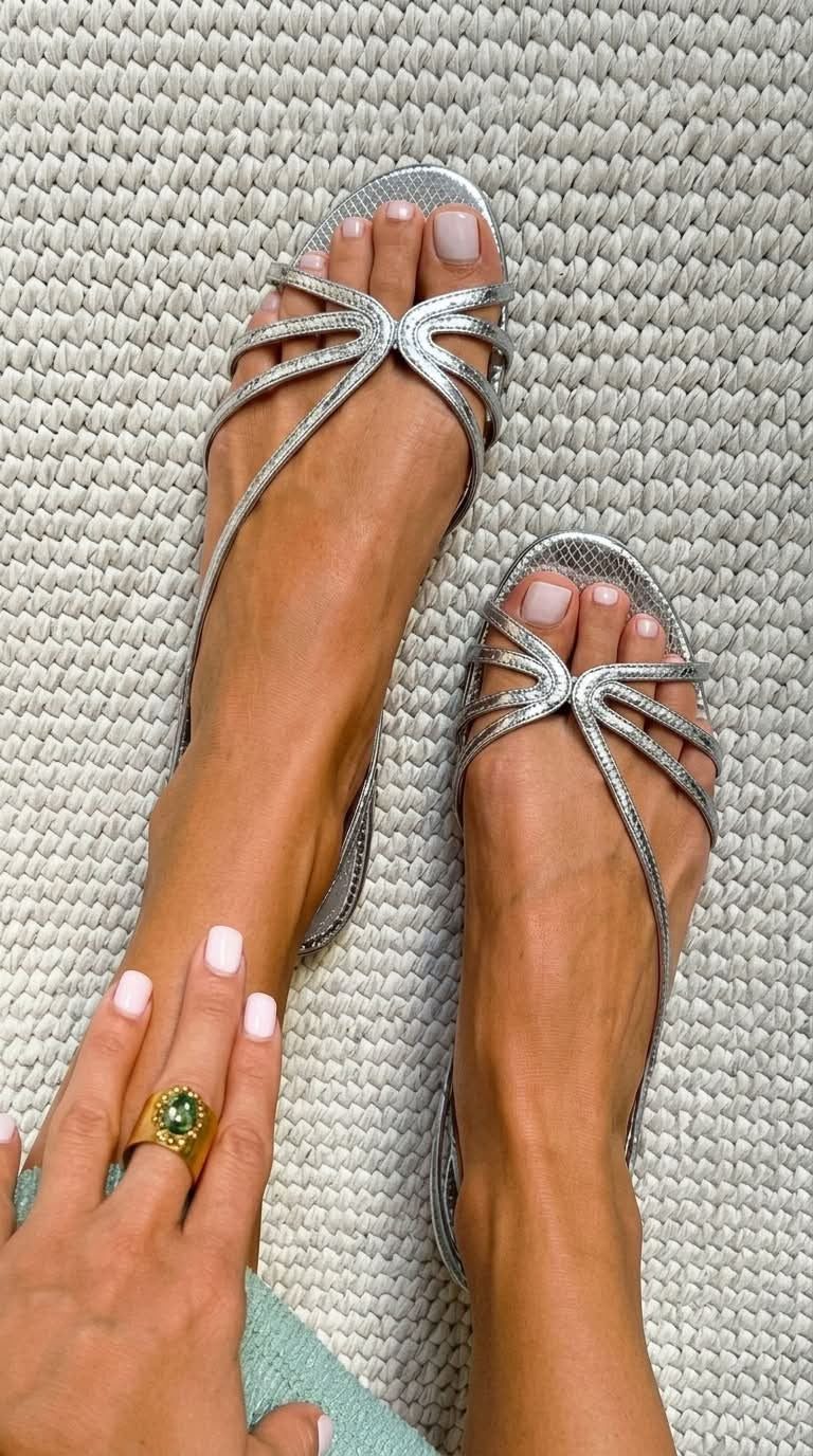 Strappy flat sandals in silver – worn
