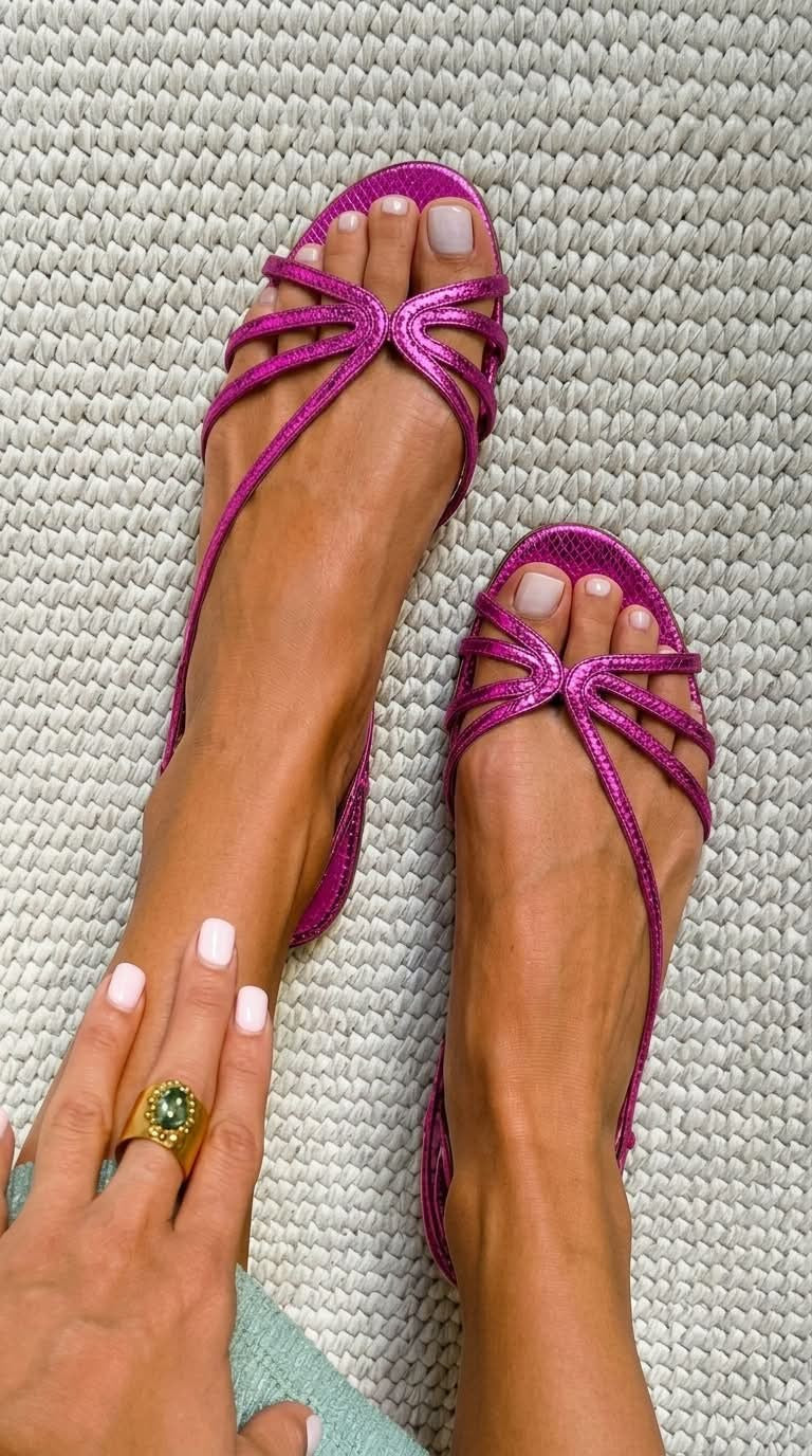 Strappy flat sandals in pink – worn