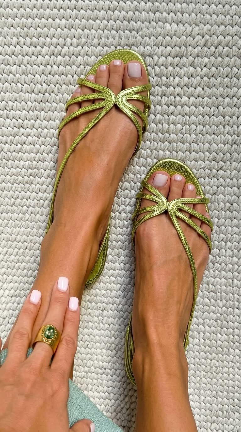 Strappy flat sandals in green – worn