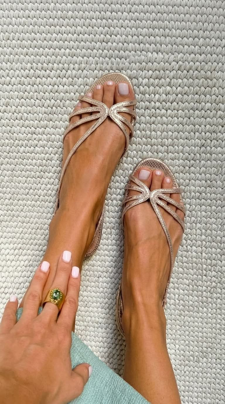 Strappy flat sandals in beige – worn