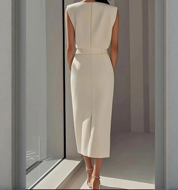 Structured side-button midi dress in white – back