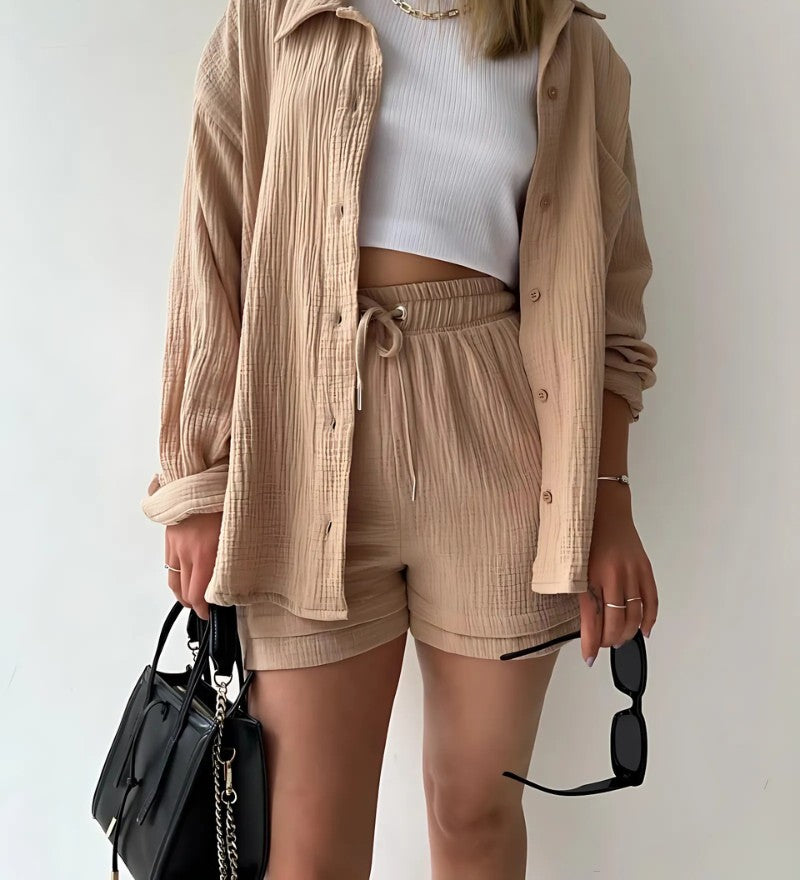 Textured button-up shirt and shorts set in khaki – worn