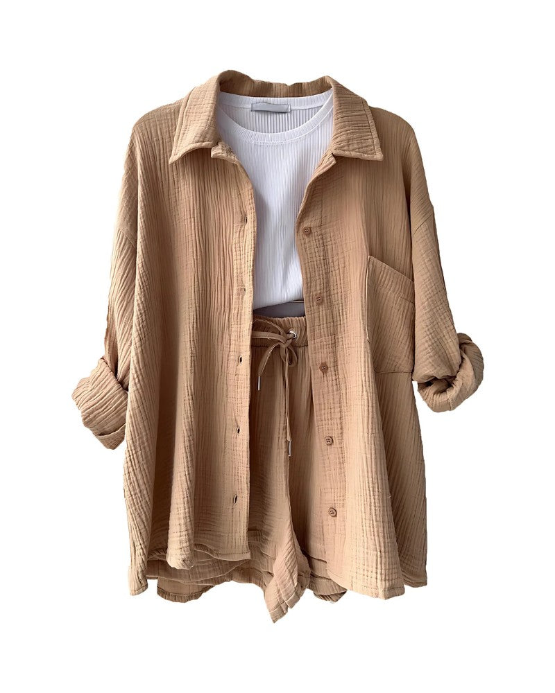 Textured button-up shirt and shorts set in khaki – flat lay
