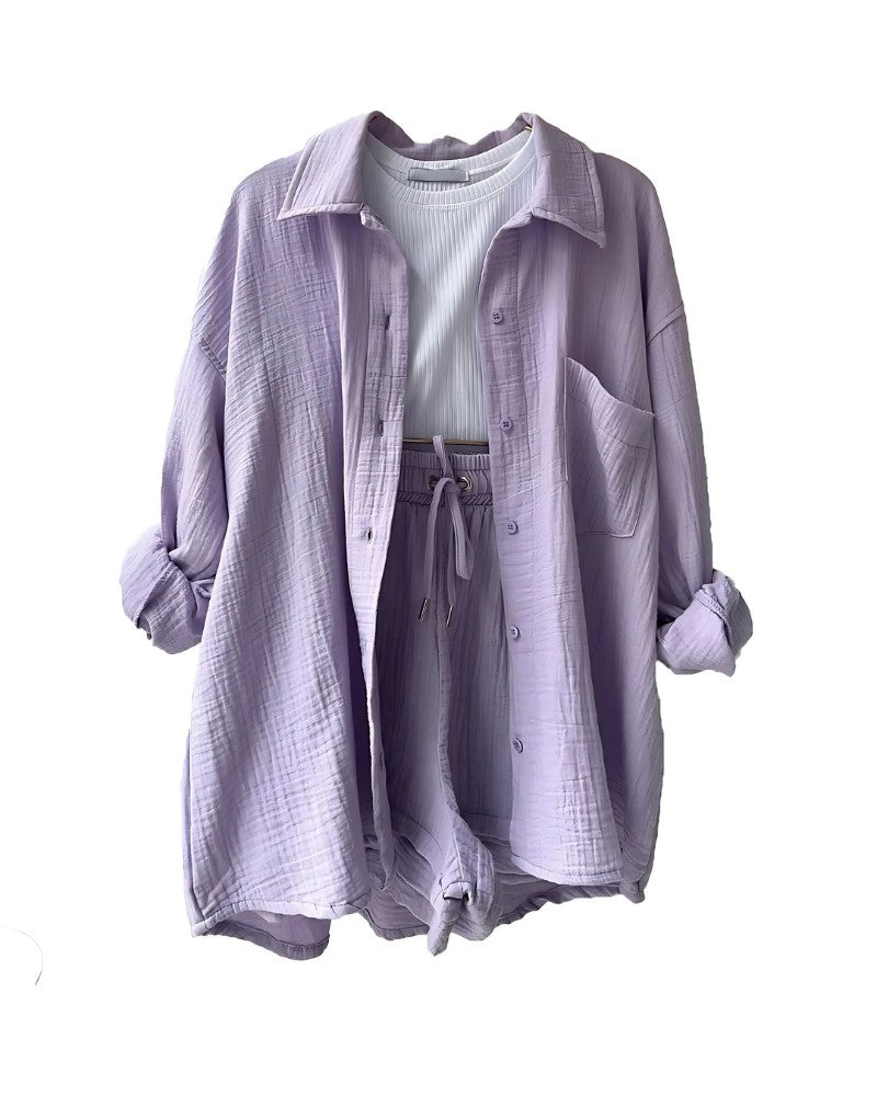 Textured button-up shirt and shorts set in lavender – flat lay