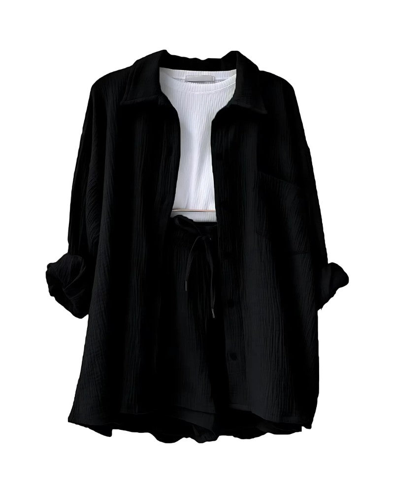 Textured button-up shirt and shorts set in black – flat lay