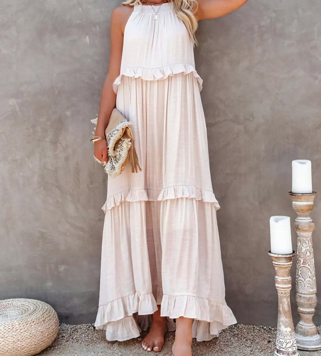 Tiered ruffle halter maxi dress in cream – front