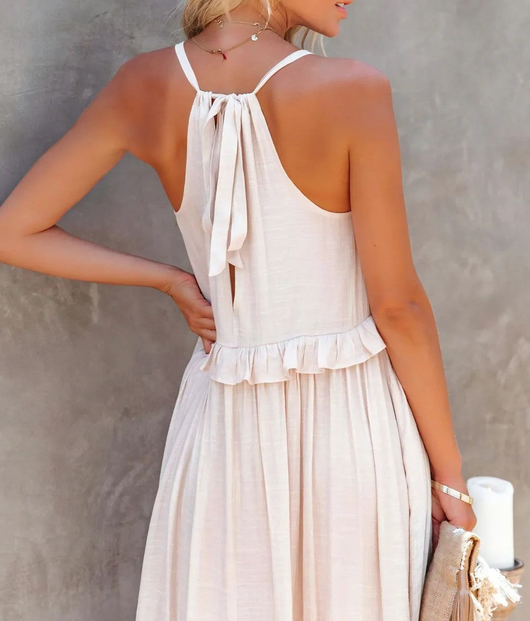 Tiered ruffle halter maxi dress in cream – tie back detail