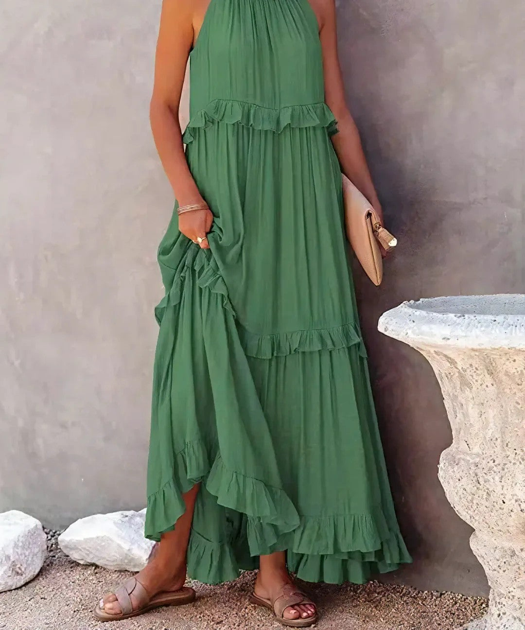 Tiered ruffle halter maxi dress in green – front