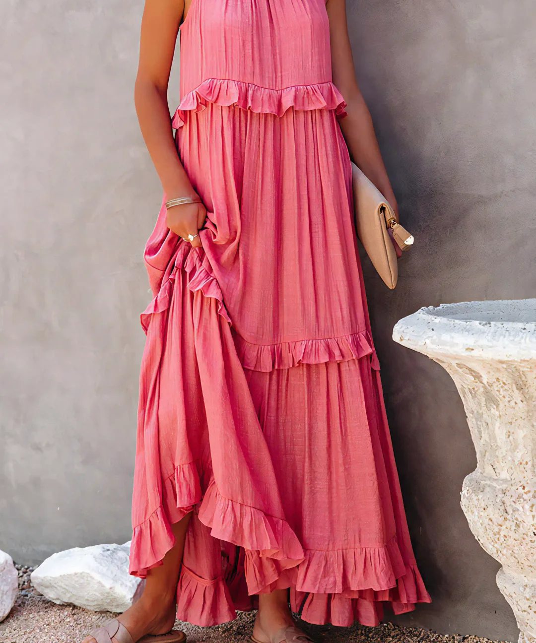 Tiered ruffle halter maxi dress in pink – front