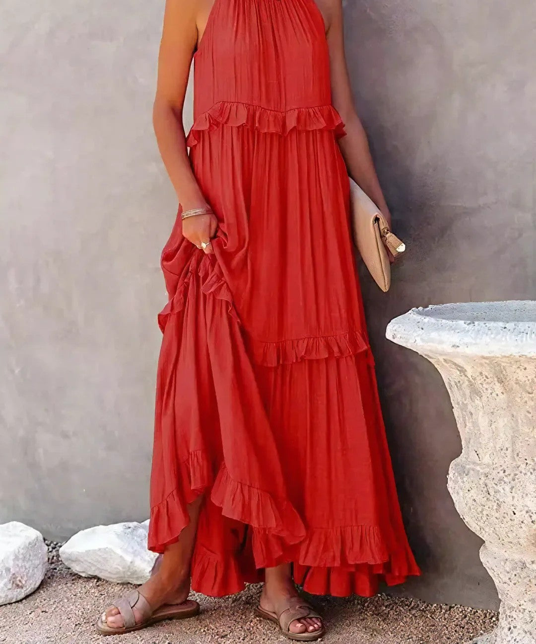 Tiered ruffle halter maxi dress in red – front