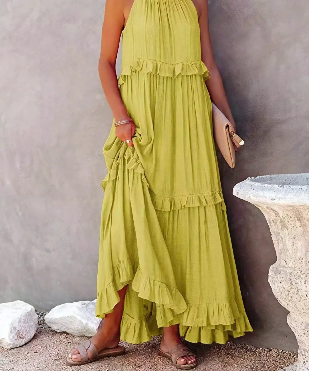 Tiered ruffle halter maxi dress in yellow – front