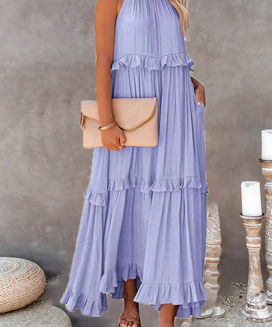 Tiered ruffle halter maxi dress in lavender – front