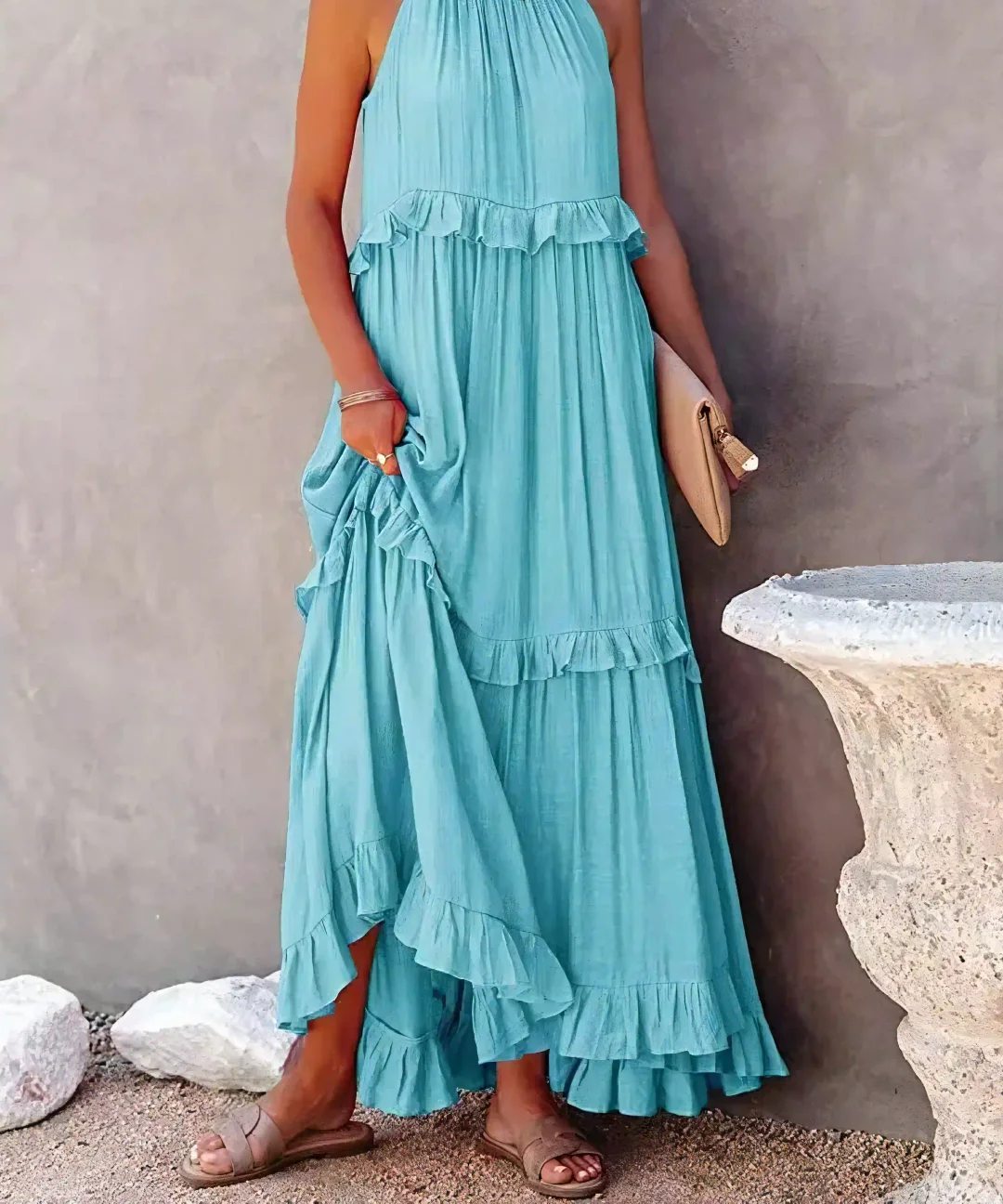 Tiered ruffle halter maxi dress in sky blue – front
