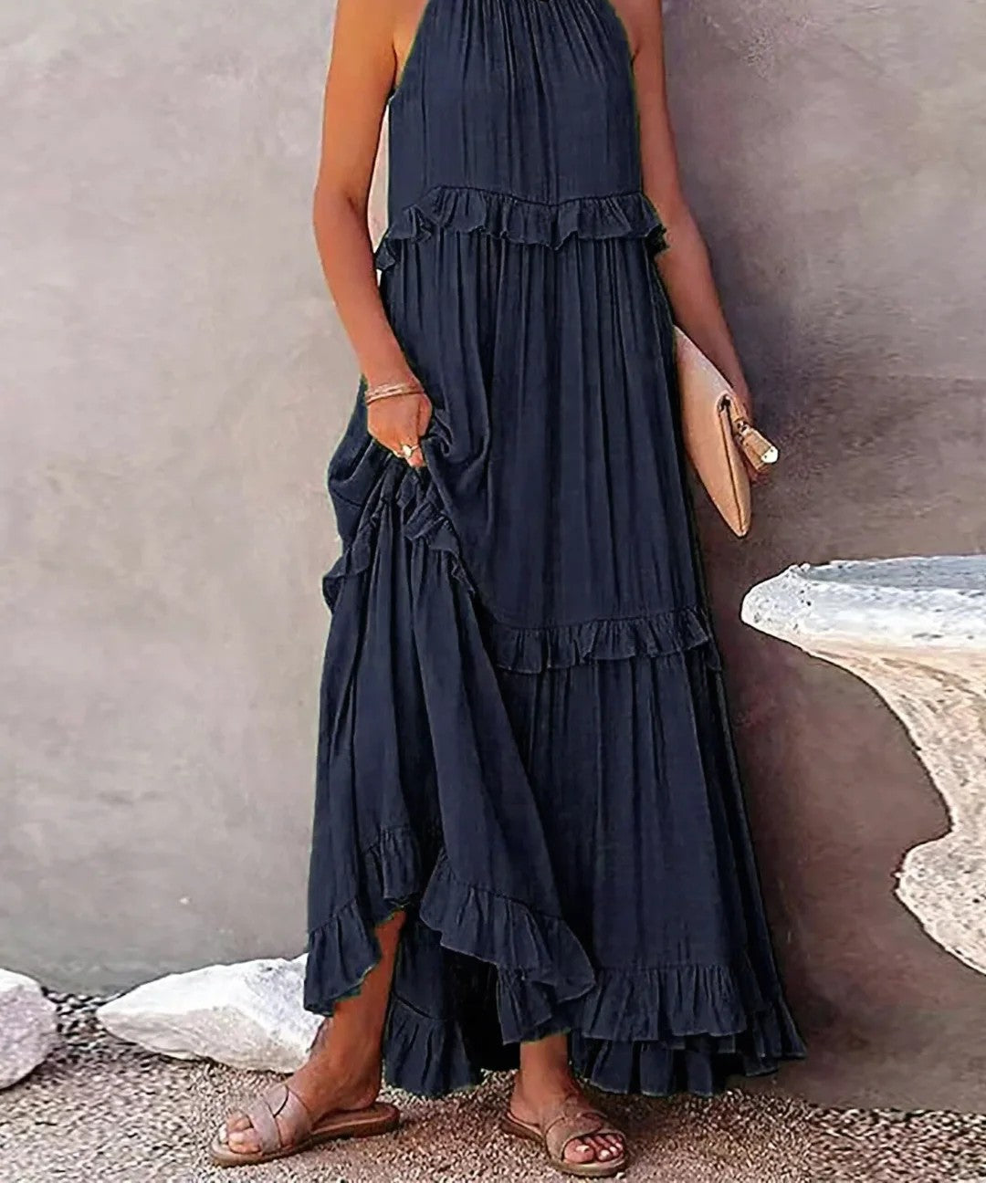Tiered ruffle halter maxi dress in navy – front