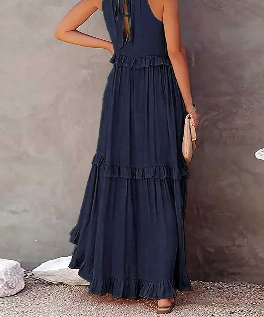 Tiered ruffle halter maxi dress in navy – back