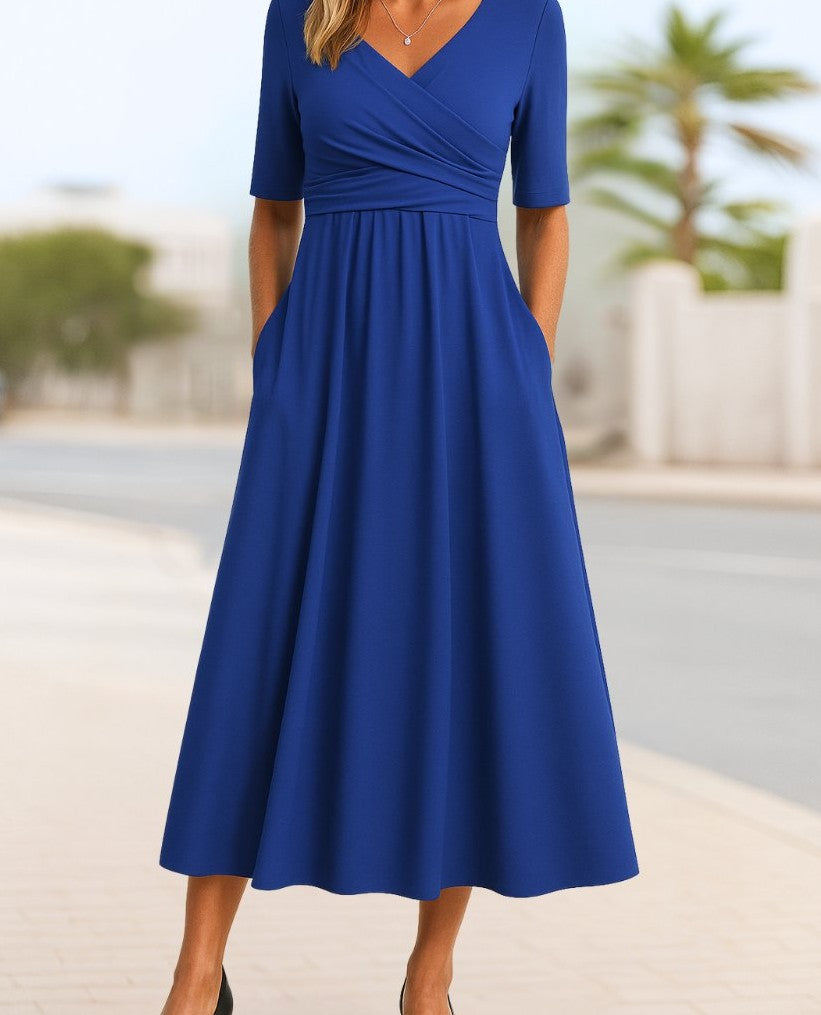 V-neck cross-over A-line midi dress in navy blue – front