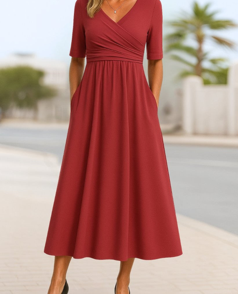 V-neck cross-over A-line midi dress in red – front