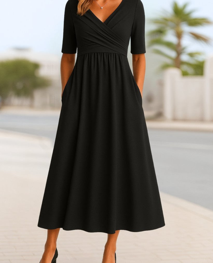 V-neck cross-over A-line midi dress in black – front