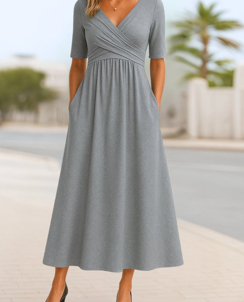 V-neck cross-over A-line midi dress in grey – front