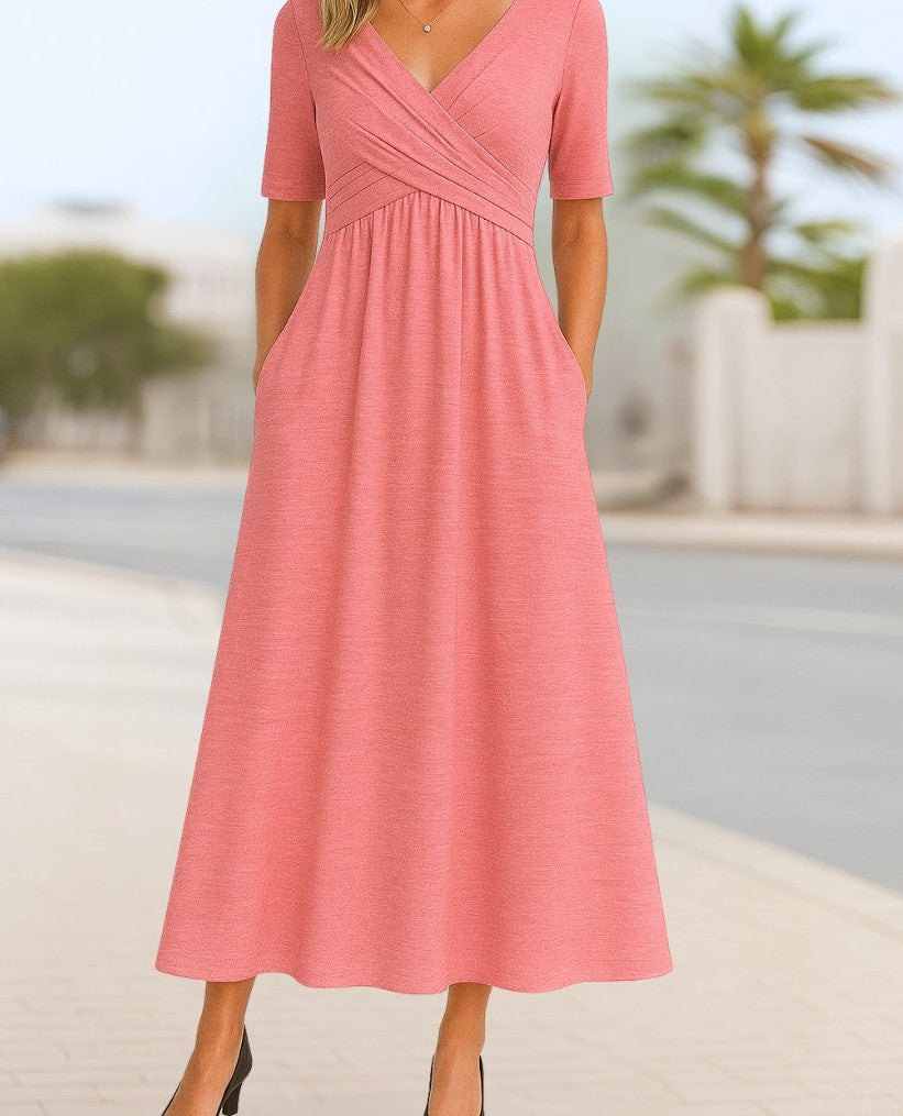 V-neck cross-over A-line midi dress in pink – front