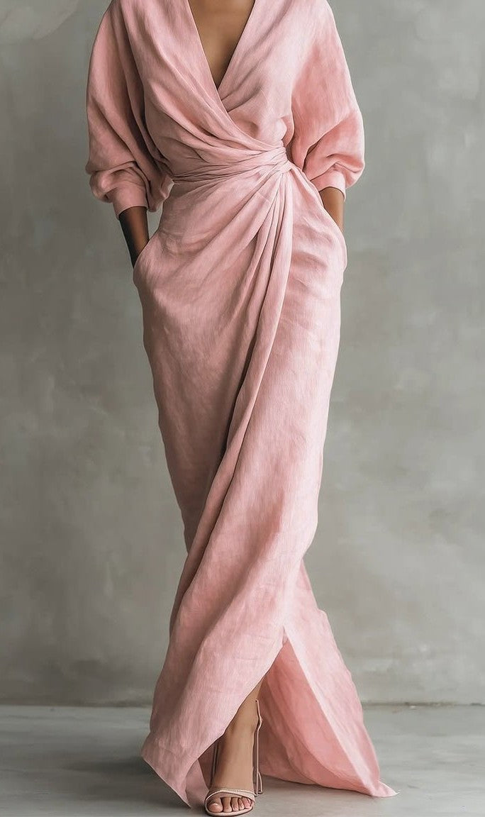 V-neck ruched wrap maxi dress in pink – front