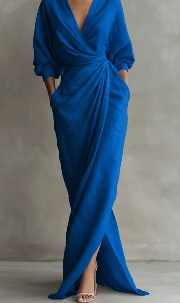 V-neck ruched wrap maxi dress in blue – front