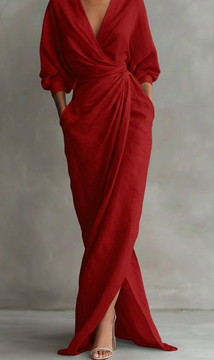 V-neck ruched wrap maxi dress in red – front