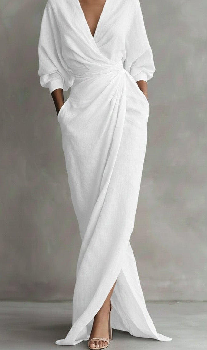 V-neck ruched wrap maxi dress in white – front