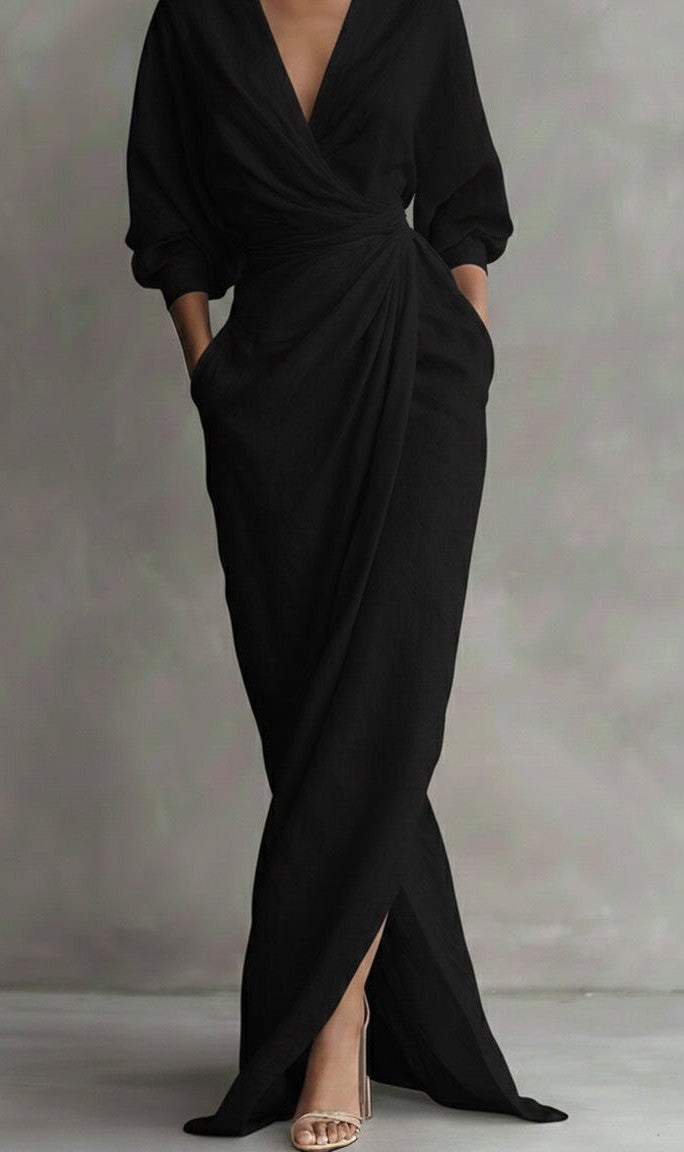 V-neck ruched wrap maxi dress in black – front