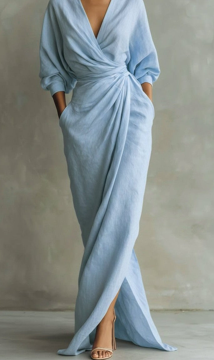 V-neck ruched wrap maxi dress in light blue – front