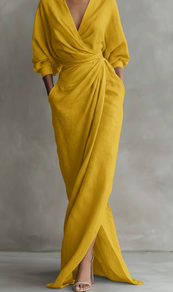 V-neck ruched wrap maxi dress in yellow – front