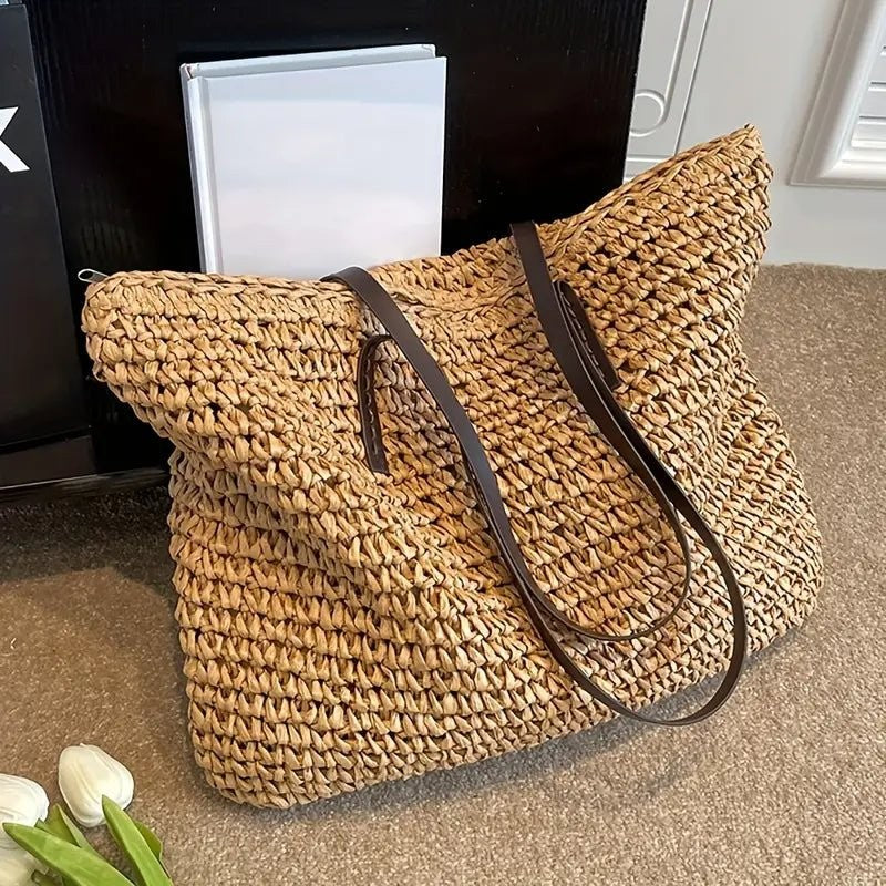 Woven straw tote bag in khaki