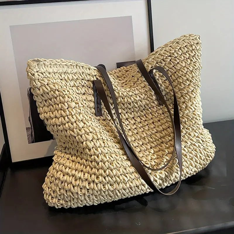Woven straw tote bag in beige